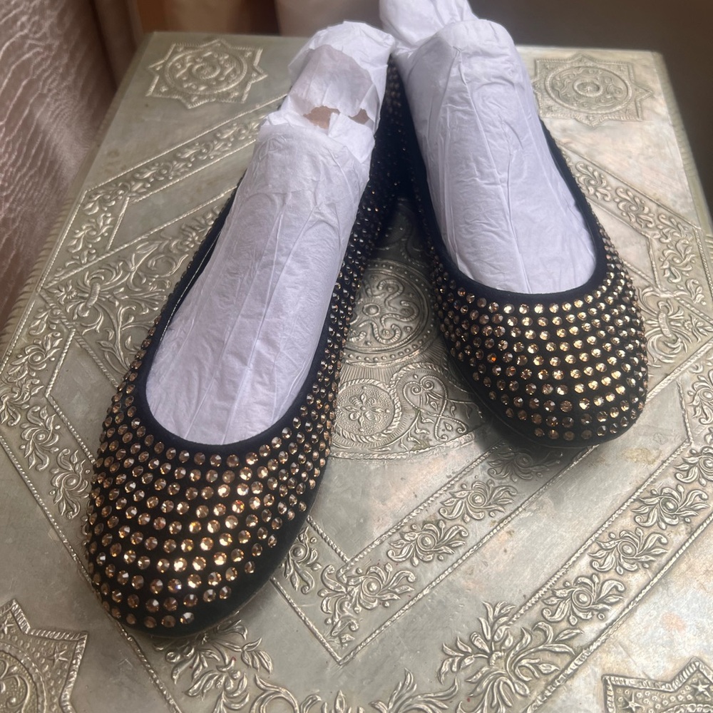 Giuseppe Zannoti Black and Gold Studded Women's Flats. - Picture 2 of 13